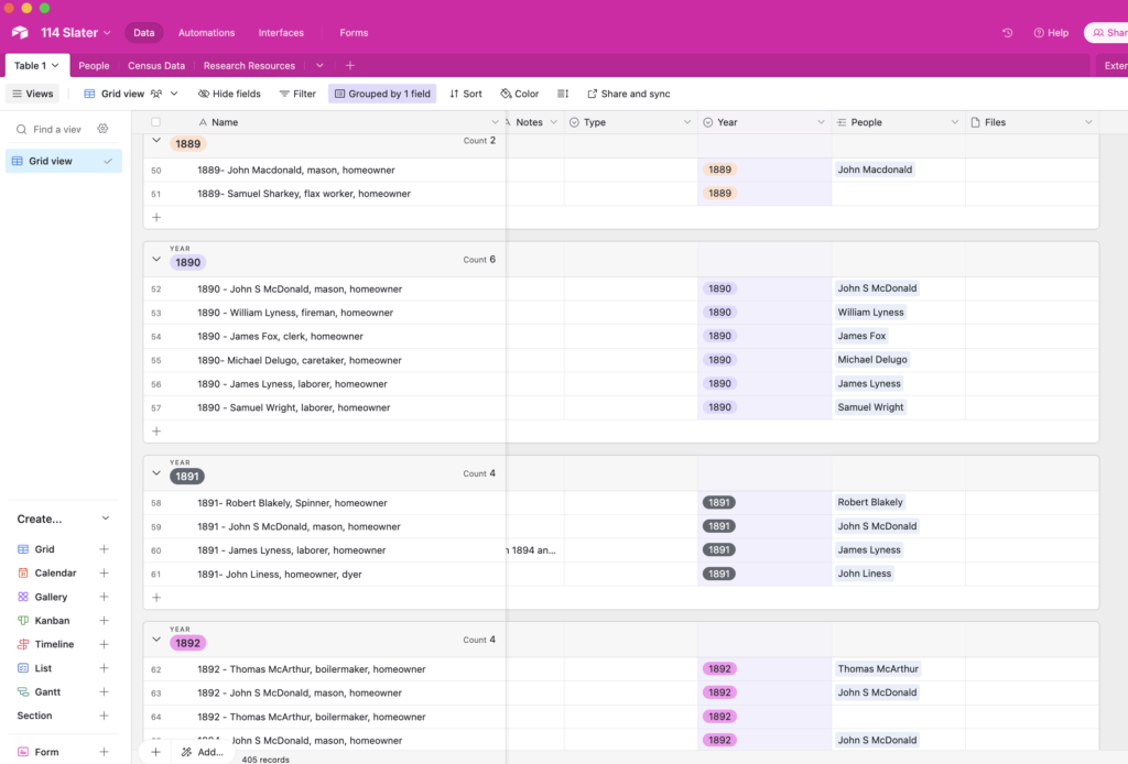 Screen shot of Airtable data display, grouped chronologically by year, forming a timeline of events at Slater House